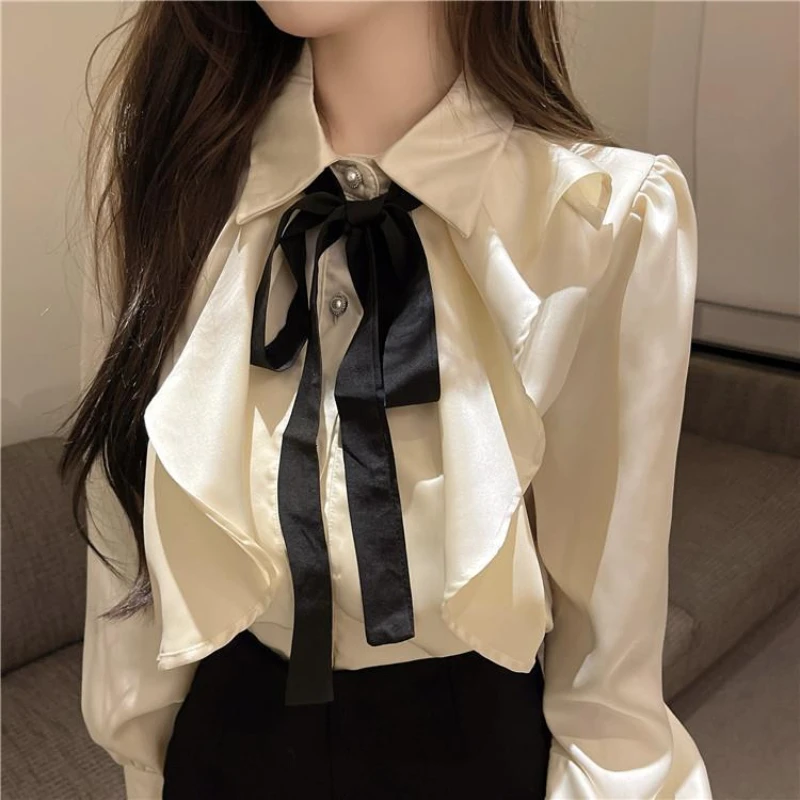 Temperament Blouse Women\'s Long Sleeve Polo Neck Bow Patchwork Ruffles Loose Solid Shirt Tops Fashion Korean Clothing Spring New