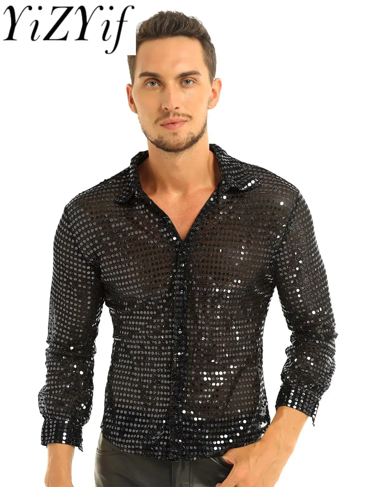 

Mens Tuxedo Shirts Shiny Sequins See Through Mesh Long Sleeve Clubwear for Night Party Show Dancing Performance Top Shirt