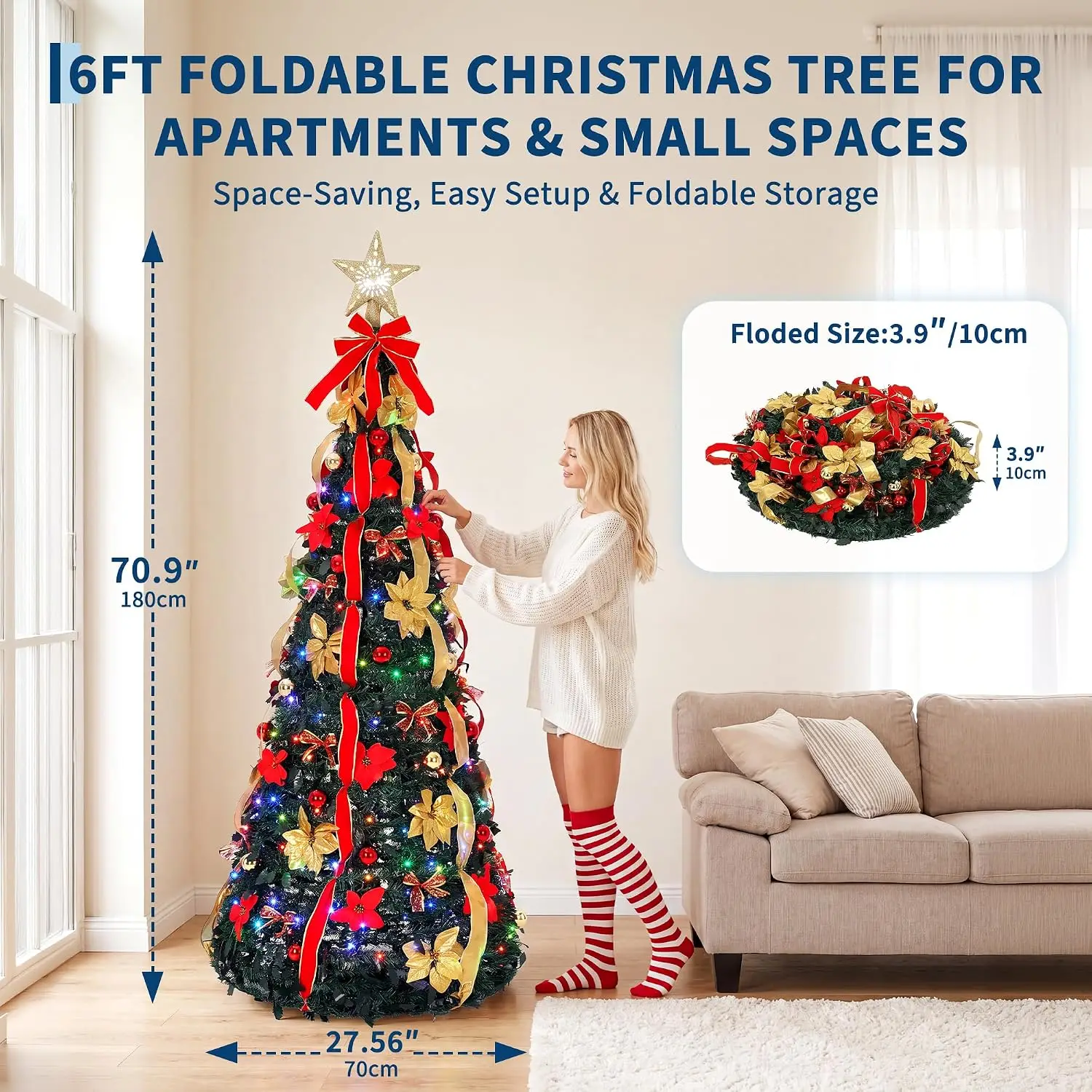 Outdoor Patio Decor 6 Ft Pre Lit Pop Up Christmas Tree with 200 LED Lights Star Projector Topper Remote Control 7 Colors 32 Lighting Modes 10 Brightness Levels Plastic Base and Zippered Storage Bag for Indoor Holiday Decor