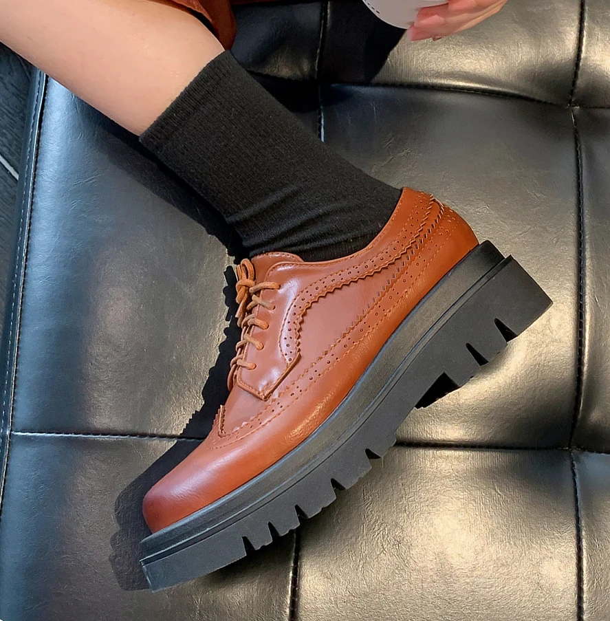 EAGSITY oxford shoes chunky heel women shoes footwear derby block heel lace up casual shoes outdoor footwear
