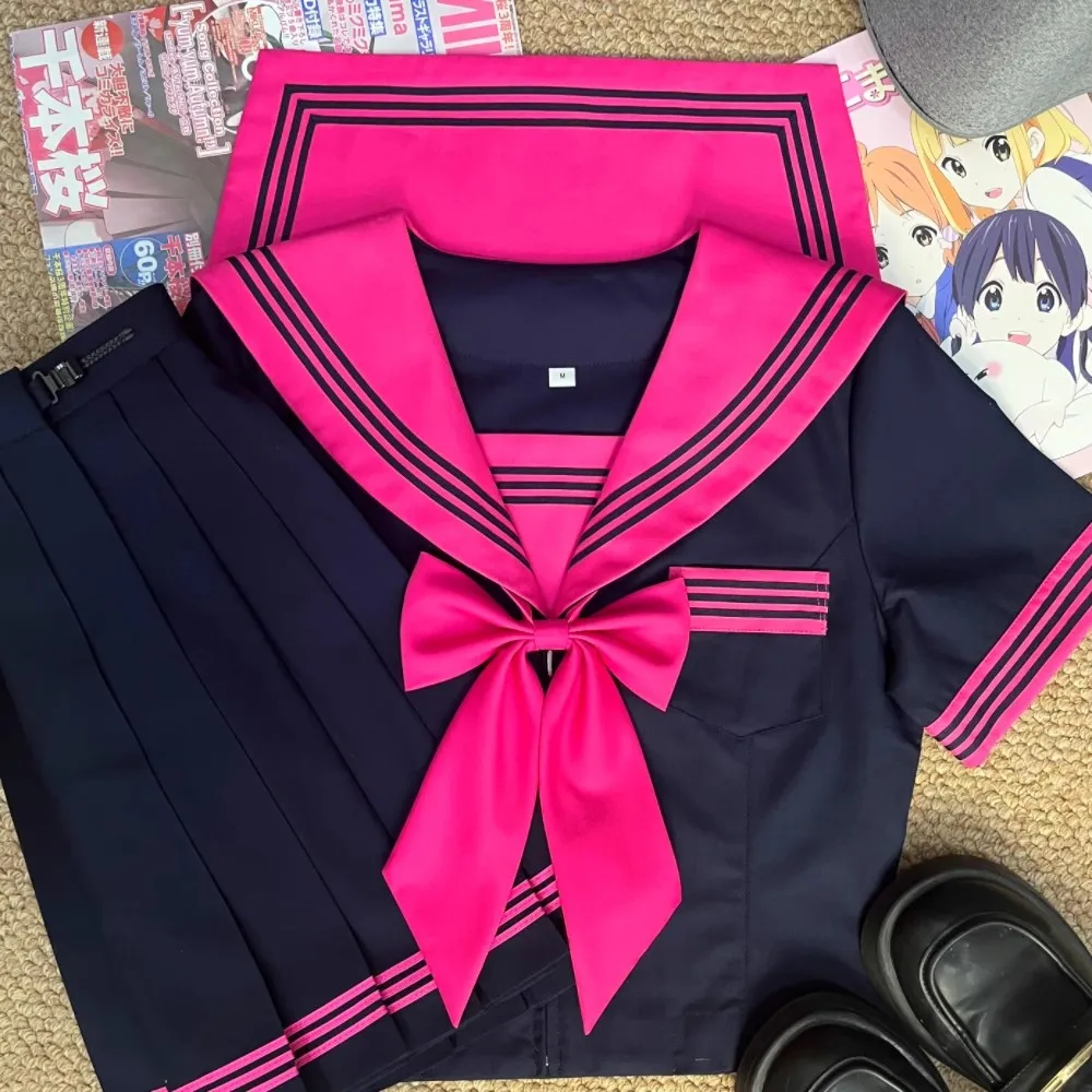 Uniforme Escolar Coreano Japonés Estilo Marinero Color Rojo Rosa, Uniforme Sexy para Estudiantes de Secundaria, Conjunto de Uniforme Jk para Mujer con Falda Plisada de Manga Corta