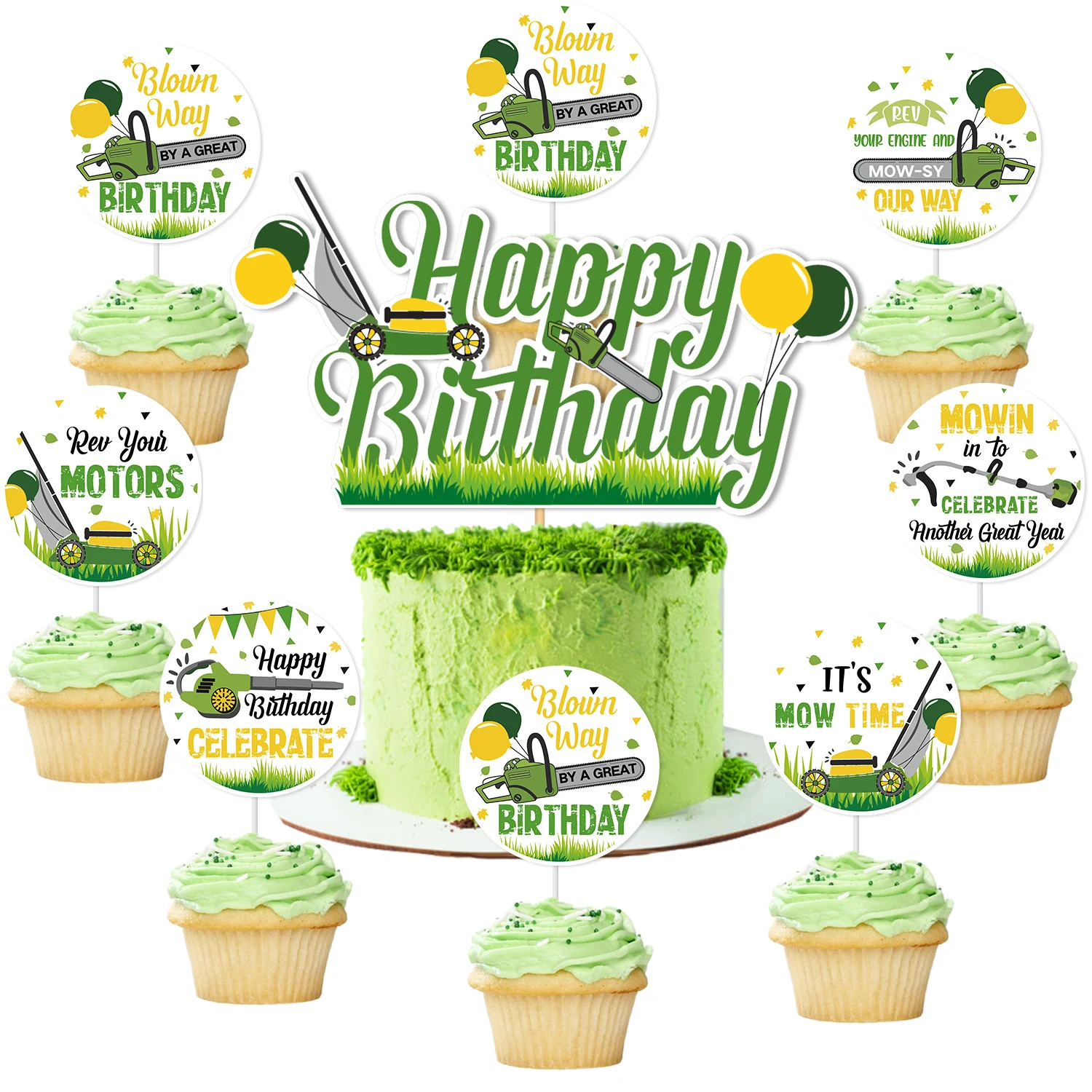 Lawnmower Birthday Cake Toppers Mower Happy Birthday Party Decoration Green Tractor Decor Farm Temed Tractor Time Party Supplies