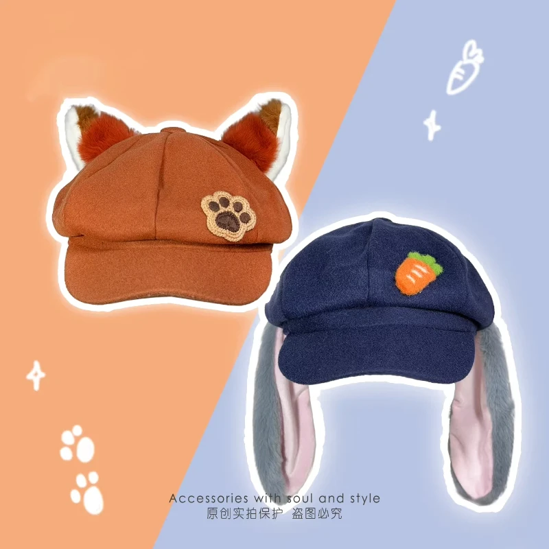 

Кепка Disney Zootopia с ушками кролика Джуди, восьмиугольная, с декором в виде моркови, для косплея, для взрослых мужчин и женщин, для большого обхвата головы, визуально уменьшающая лицо