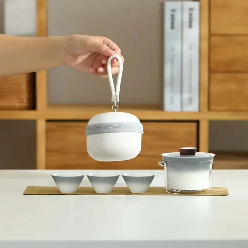 Chinese Tradition Teaset Cups Portable Kung Fu Tea Set Travel Pack Camping Travel Light Luxury One Pot Three Cups Glass Fair Cup