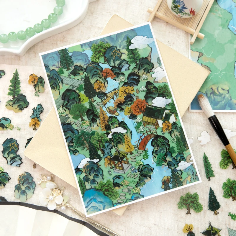 Journal GO 3pcs Traditional Chinese Painting Collage Junk Journal Stickers Creative Mountain and River Scrapbook Planner Decals