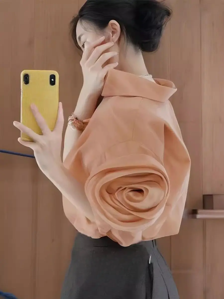 

2025 New Shirt for Women Spring French Temperament Solid Color Versatile Orange Top