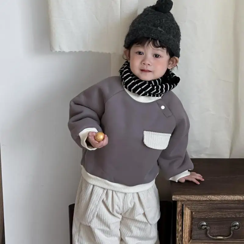 

2025 зимний новый детский теплый флисовый свитшот, детский толстый пуловер для мальчиков и девочек, повседневные топы с длинными рукавами для малышей, детская одежда