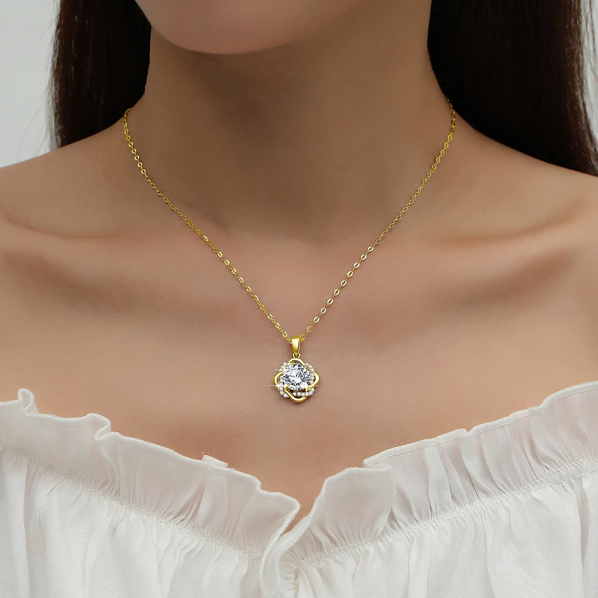 14K Gold gefüllte Moissanit-Blumen-Halskette für Frauen, Hochzeit, Verlobung, Jahrestag, Geburtstag, Geschenk, trendiger Schmuck