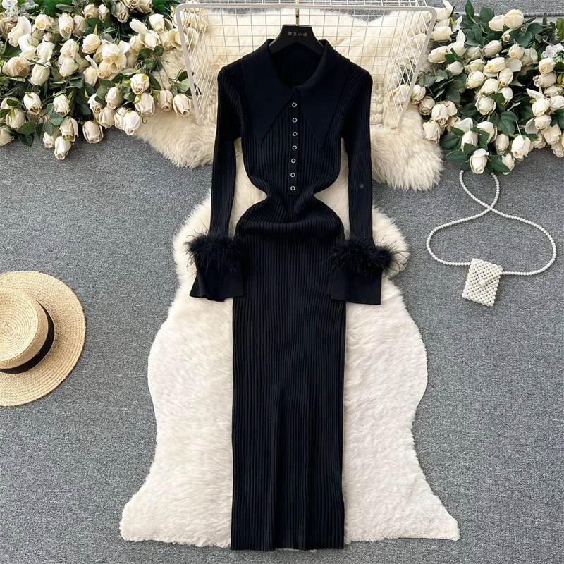 Light Luxury Socialite Knitted Party Dress POLO Lapel Feather Patchwork Cuffs Prom Gown Tight Fitting Buttocks Bottom Evening