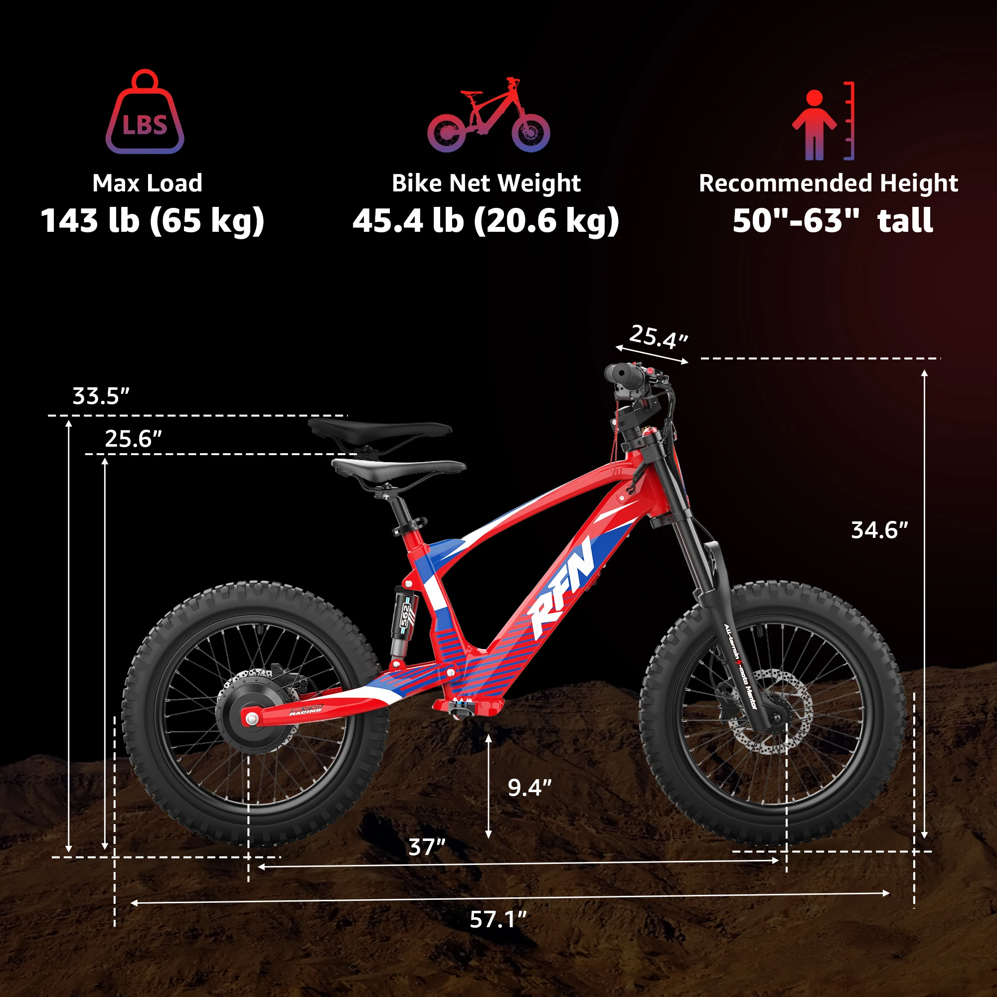 RFN EVO RACING 18 Kids Electric Bike 8-12 Years Old 750W 3-Speed 36V 5Ah 18 Inch Tire - Children's Electric Bicycle