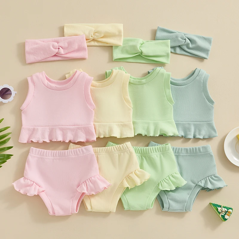 

VISgogo Baby Girls 3Pcs Summer Outfits Solid Color Sleeveless Tank Tops Ruffle PP Shorts Bow Headband Set Newborn Clothes