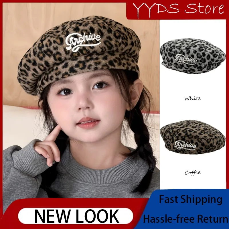 Autumn Winter Kids Leopard Print Beret, Korean Retro Soft Fabric Pumpkin Painter Hat for Boys Girls Warm Casual Octagonal Cap