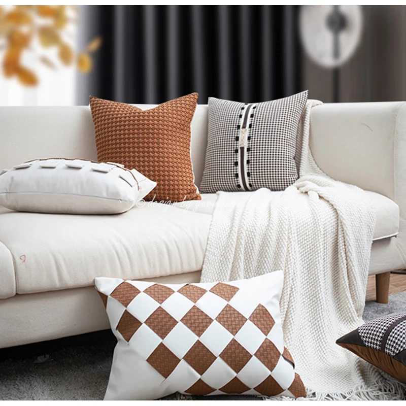 GUVINCI H Style Orange PU Leather Geometry Splicing Lumbar Pillowcase Modern Interior Design Sofa Cushion Cover For Villa Hotel