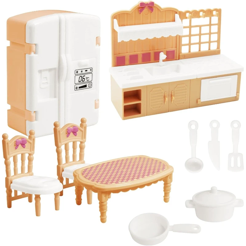 Dollhouse Furniture Kitchen Play Set Miniature Refrigerator with Mini Food Pots and Pans Set Pretend Kitchen Accessories Toys