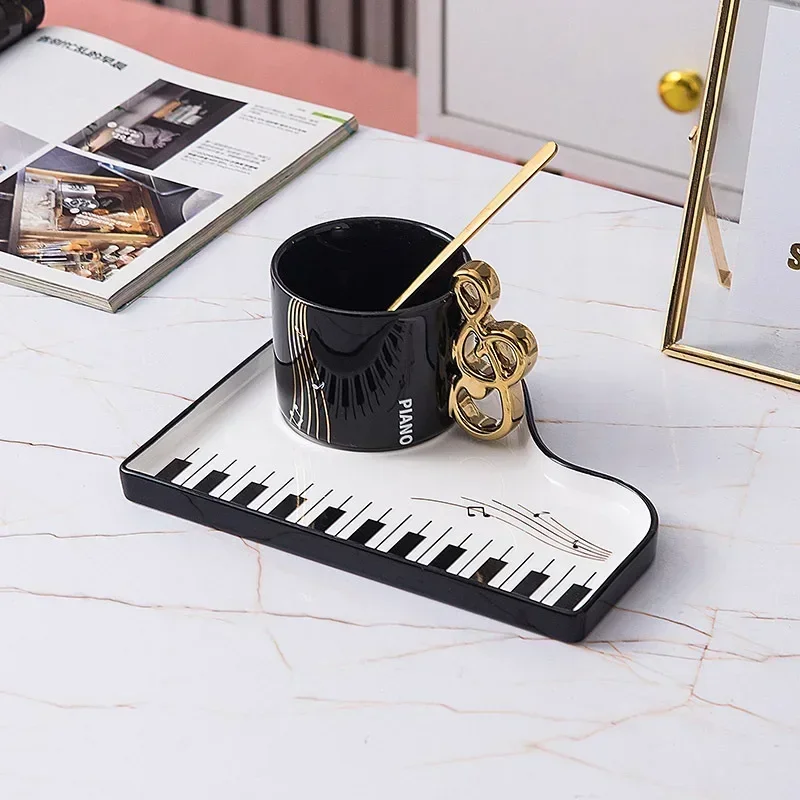 European Piano Black and White Key Ceramic Coffee Cup with Spoon  Home Latte Coffee Cup Delicate Breakfast Milk Oatmeal Mug