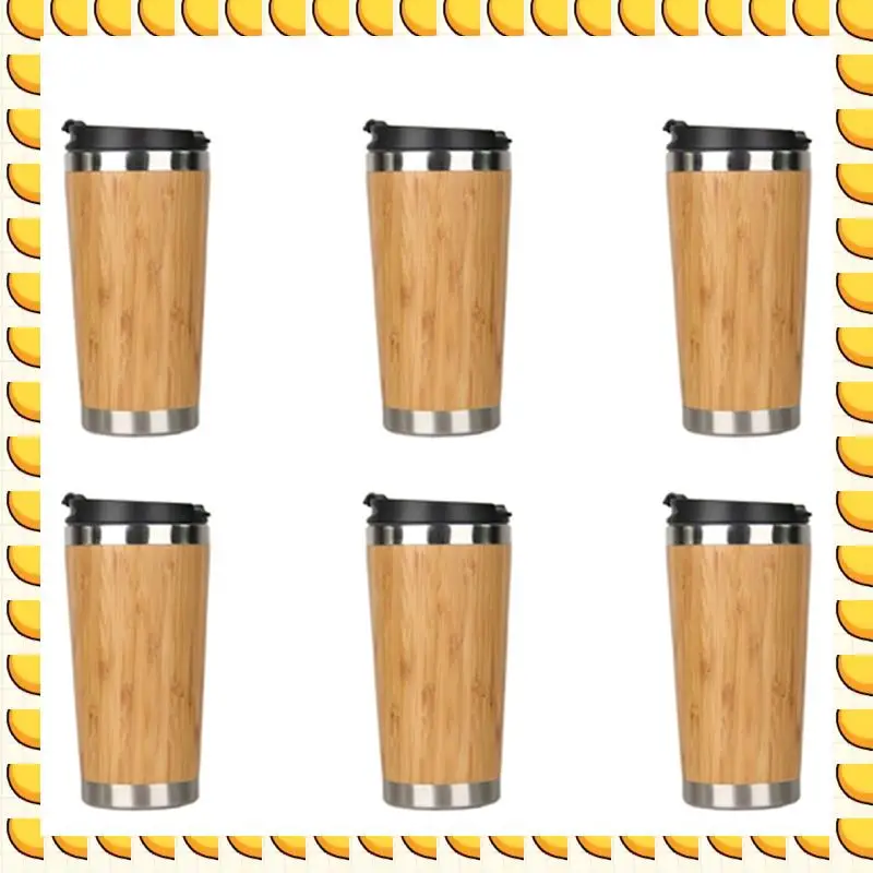 

BAAU 6X 450Ml Bamboo Coffee Cup Stainless Steel Coffee Travel Mug With Leak-Proof Cover Insulated Coffee Accompanying Cup