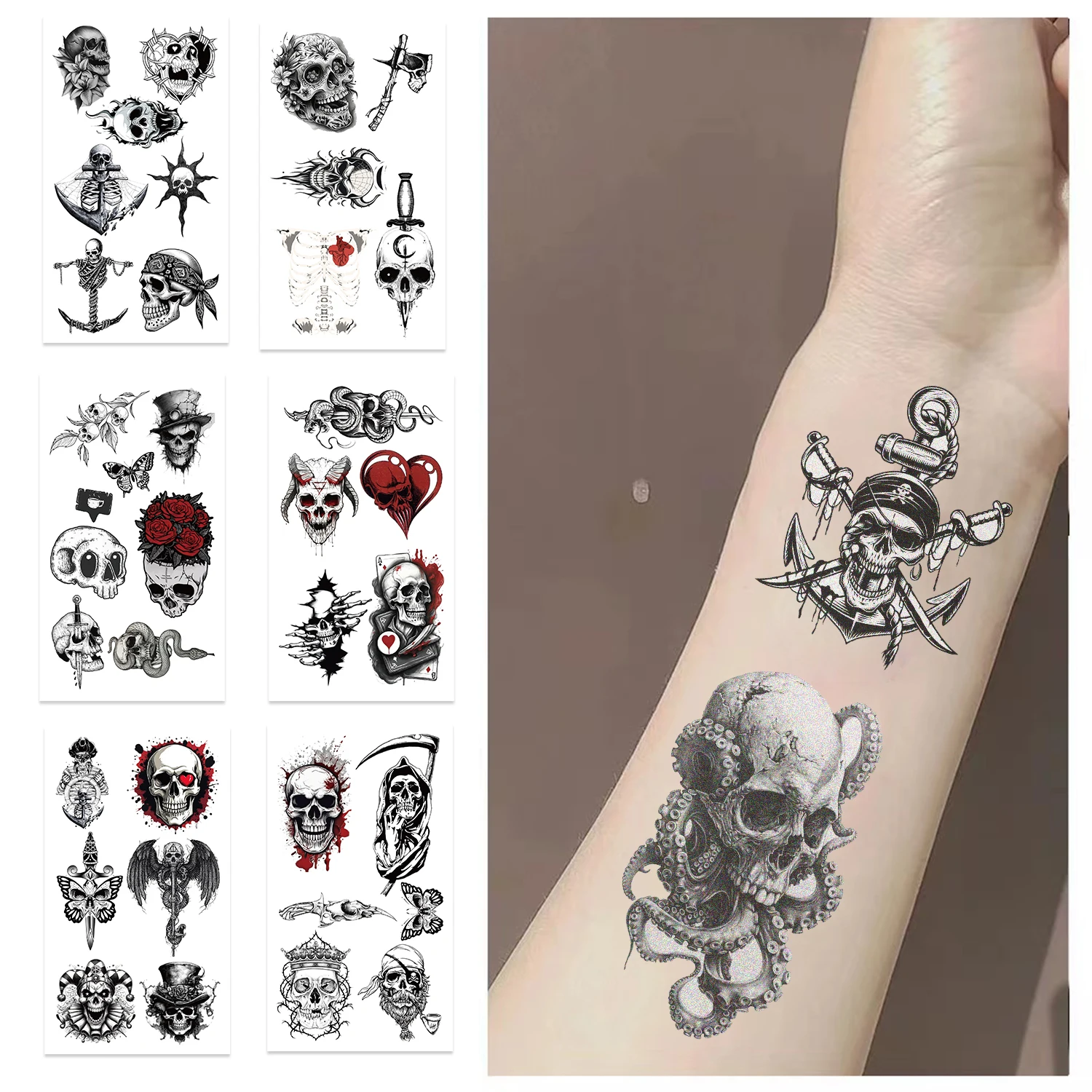 10pcs Halloween Tattoo Skull Flower for Women Men Flowers Temporary Tattoos for Hand Chest Wrists Finger Body Art