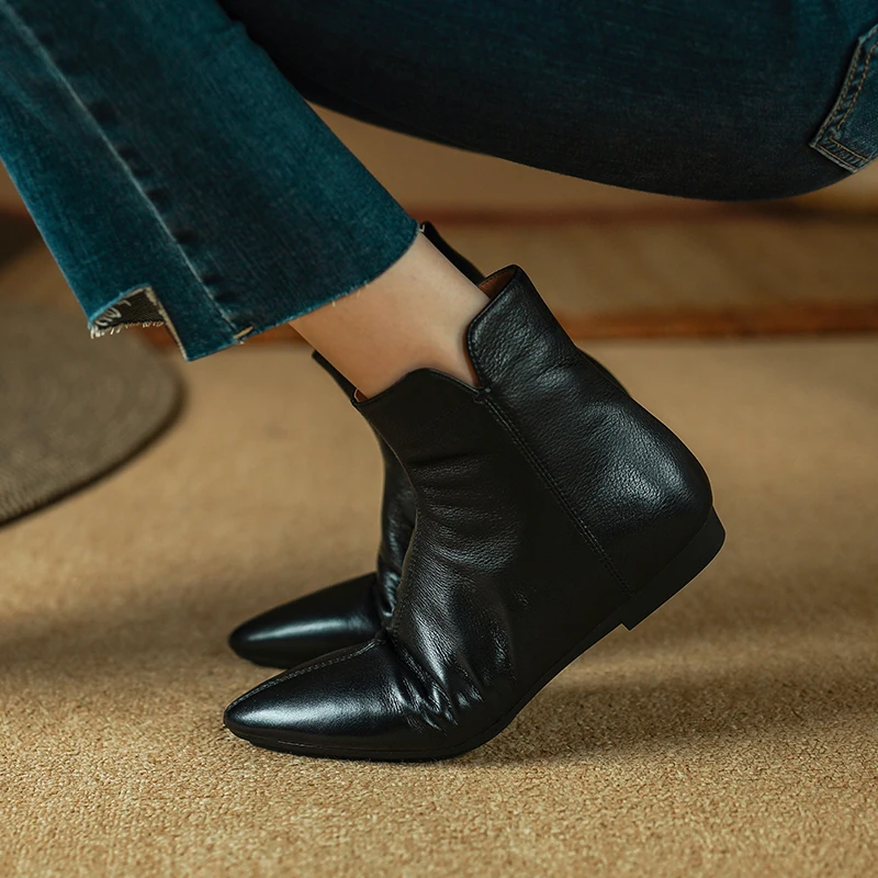 Woman Ankle Boots Pointed Toe Sheepskin Flat Ladies Shoes French Style Retro Botas Autumn Spring Soft Shoes Zippers Winter Botas