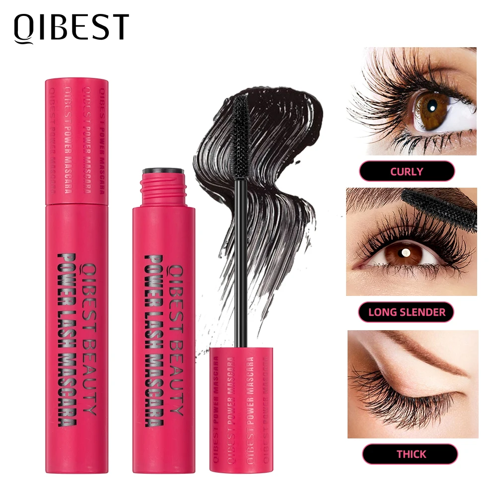 

QIBEST Black Mascara Waterproof Long-Lasting Eyelashes Extension Non-smudge Lengthening Volume 4D Silk Fiber Mascara Cosmetics