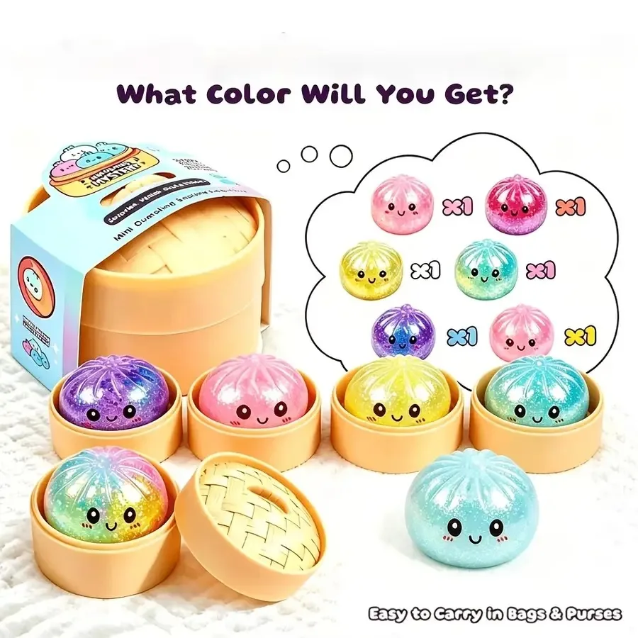 

Squeeze Fun 's Party Gift Bag, Rare Golden Powder 6pcs[3pcs Steamed Buns + 3pcs Steamer] Cute Stress-Relief Soft Steamed Bun St