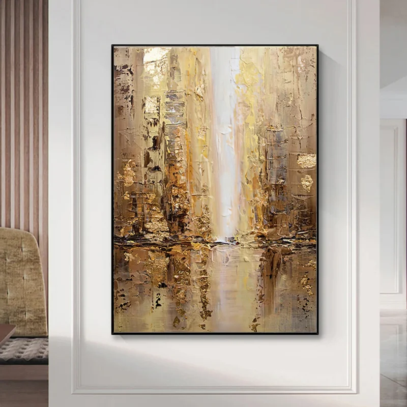 Hand-Painted Textured Painting with Gold Foil, Landscape, Abstract Urban Architecture Wall Art Painting, Home Wall Decoration