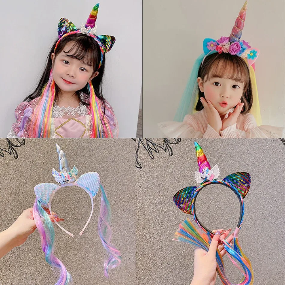 

Children Mermaid Hairband Baby Kids Unicorn Rainbow Wig Braid Headband Girl Cartoon Baby Margarine Hairband Girl Birthday Gift