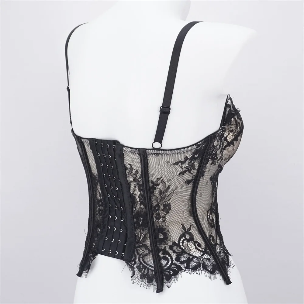 Fashion Hollow Lace Camisole Transparent Slim fit Crop Tops Streetwear Tanks Lace Corset Spring Summer