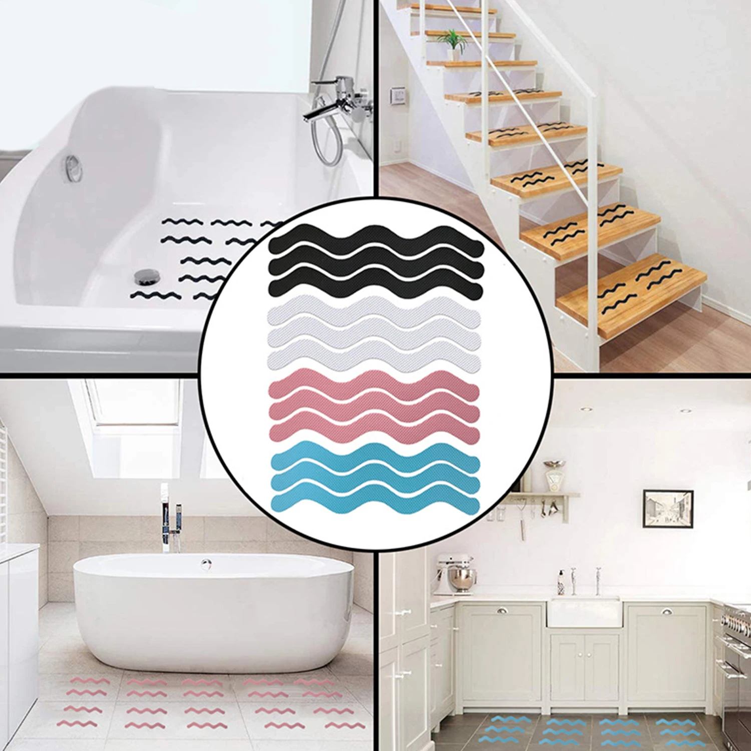 S Wave-shaped Shower Stickers Anti-slip Strips Stairs Floor Bathtub Safety Non Slip Stickers Multi-color Shower Sticker 6pcs