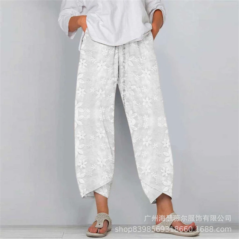 New Slit Cotton Linen Lace Up Casual Pants for Women