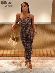 sisterlinda Mesh Printed Two Piece Set Women Elegant Aesthetic Strap Bandage Irregular Tanks+Split Maxi Skirts Female Attirewear