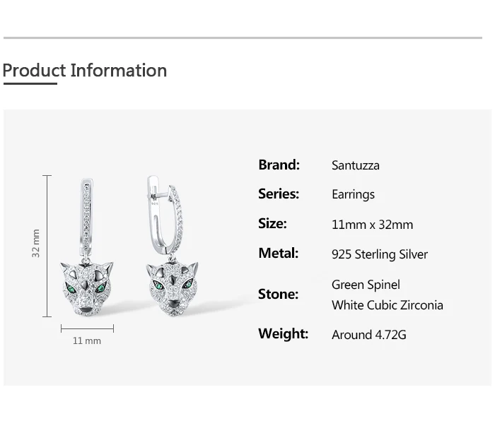 SANTUZZA Pure 925 Silver Dangling Earrings For Women Sterling Silver Sparkling Green Spinel White CZ Animal Fine Chic Jewelry