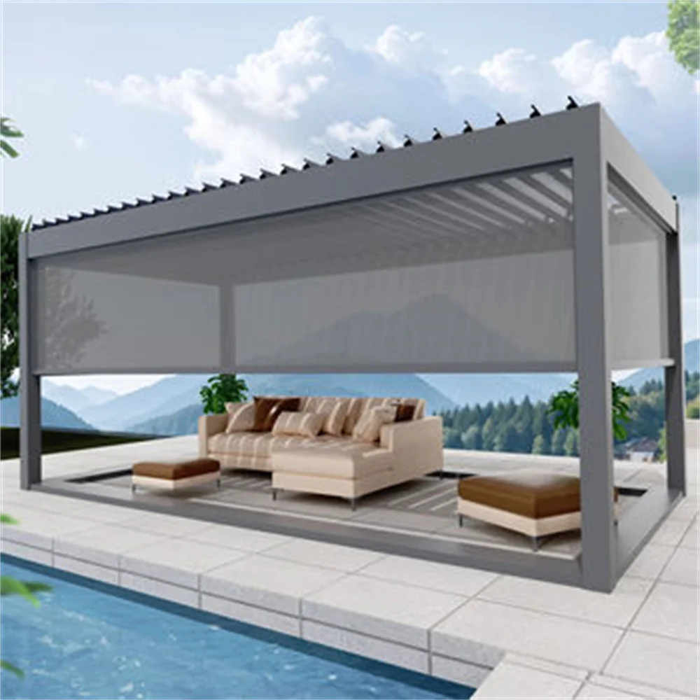 Louvered Bioclimatic Pergola 1 Square Meter Custom Size Flip Shutter Waterproof  with LED Light for Patio