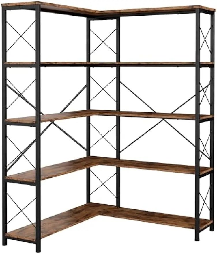 Estante de canto industrial, armazenamento Rack com Metal Frame Vintage Etagere, 5-Shelf Estante de canto