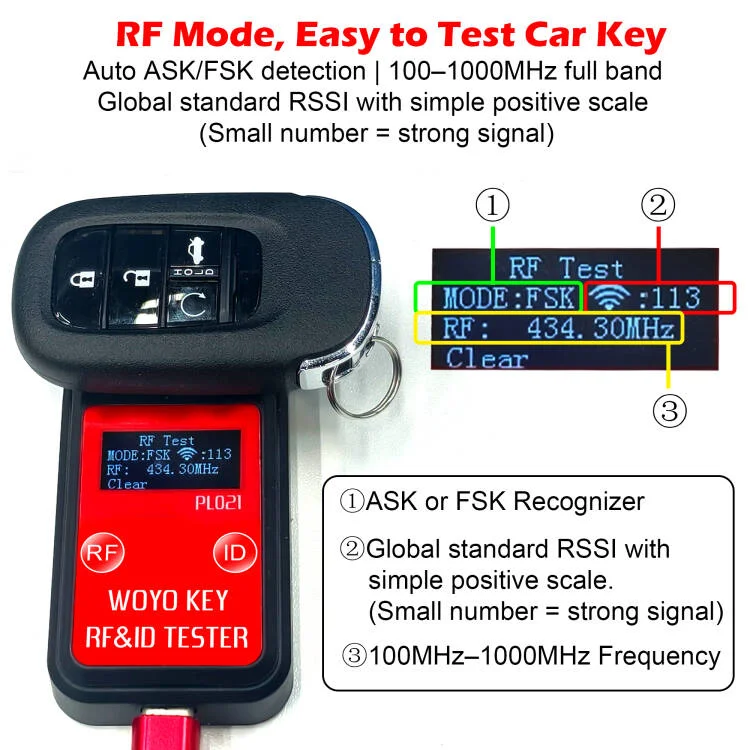 WOYO PL021 All Car Key RF/ID Tester 100-1000MHz Remote Detector Test RSSI Value/ASK/FSK Read ID and Type of Auto Key Chip