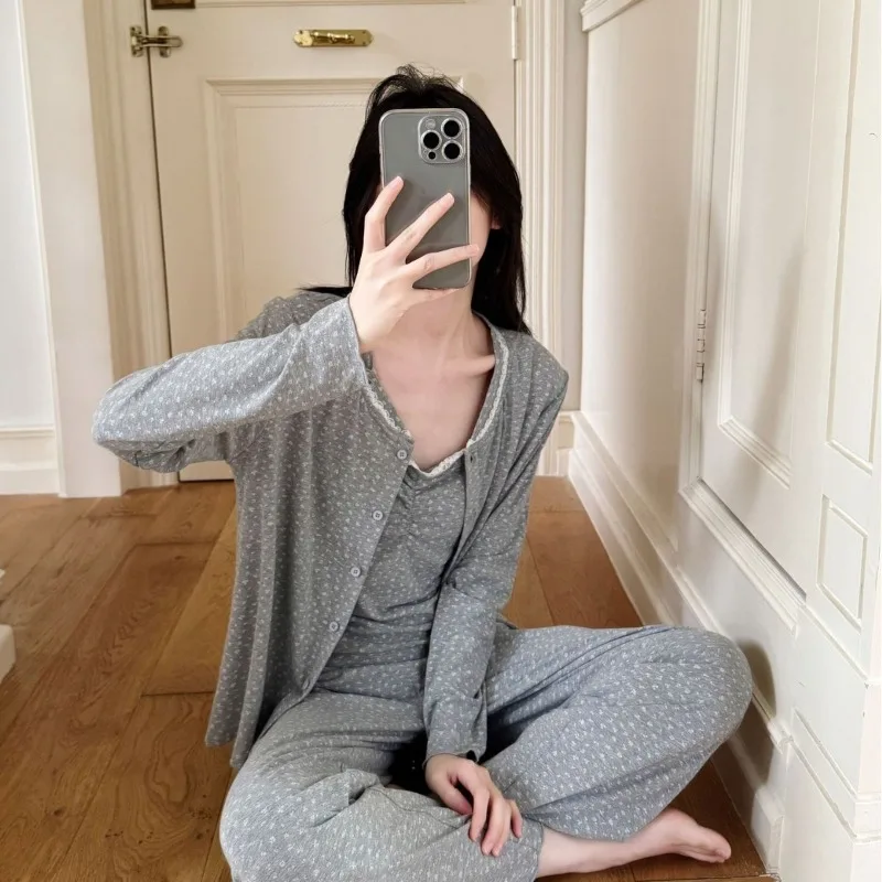 

Женская пижама из модала 2025 года на осень/зиму с плетеной чашкой, комплект из трех предметов с длинными рукавами и ремешками, комплект домашней одежды с милым цветочным принтом