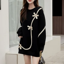 Vintage Black Bow Patchwork Loose T Shirt Tops Spring Autumn New Long Sleeve Solid Korean Hoodies Fashion Casual Women Clothing