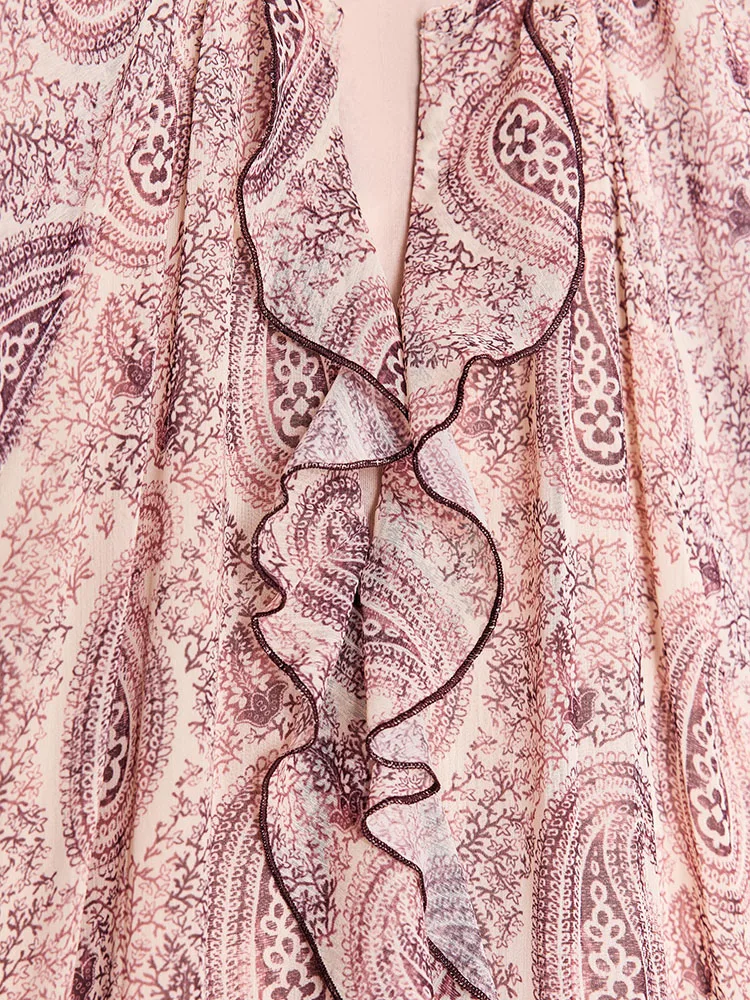 Nova Chegada de Primavera ZA2025 Vestido F E de Manga Longa com Estampa Estilo Decorativo em Camadas Material E...