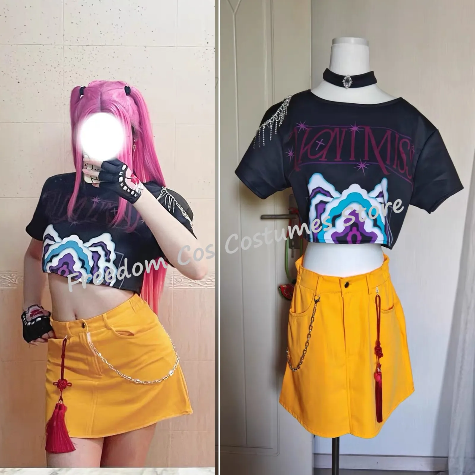 

Anime KPop Demon Hunters Mira Cosplay Costume Red Wig Huntrix suit Halloween Party for Women Girls Carnival Gift 84pcs stickers