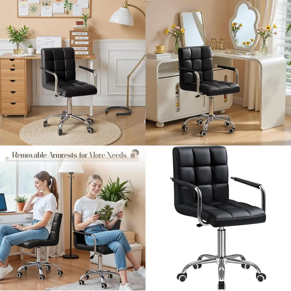 

Executive Ribbed PU Leather Swivel Chair with Adjustable Arms for Comfortable Home Office Desk (Black)