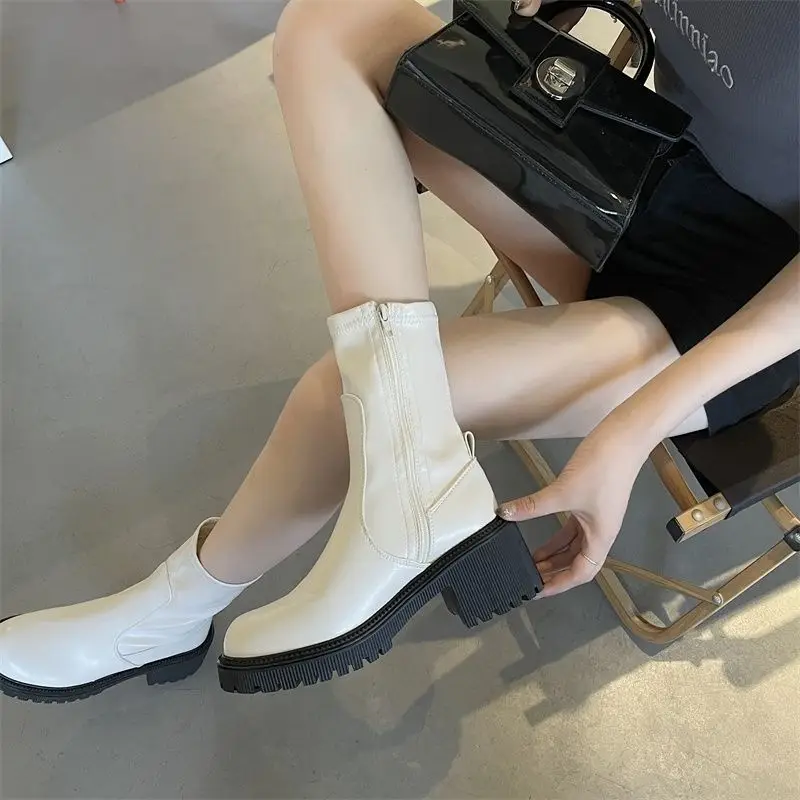 Black Half High White Mid Calf Shoes for Women Elastic Footwear Round Toe Waterproof Work Sale Hot New Rock Cosplay Ladies Boots