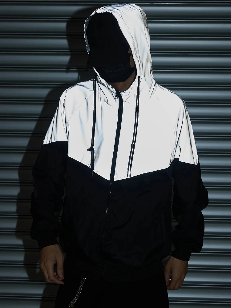 

Men's Spliced Night Reflective Jacket Loose Fashion Moto Riding Hip-hop Dance Streetwear Outdoor Windproof Trend Hoodeds Coats