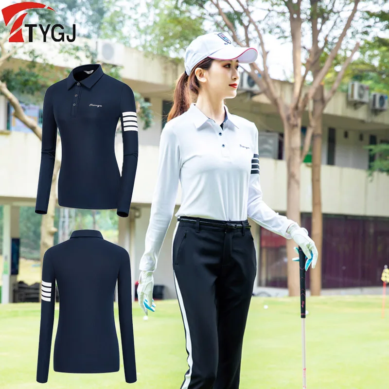 TTYGJ Women Striped Elastic Golf Polo Shirts Ladies Outdoor Lapel Breathable Golf T-shirts Slim Long-sleeves Casual Sports Tops