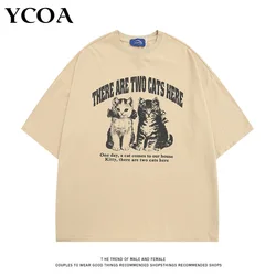 Men Streetwear Tshirt Kitty Cat Washed Black Graphic Harajuku Summer Cute Hip Hop Cotton Loose Tops Tees Y2k Aesthetic Clothing