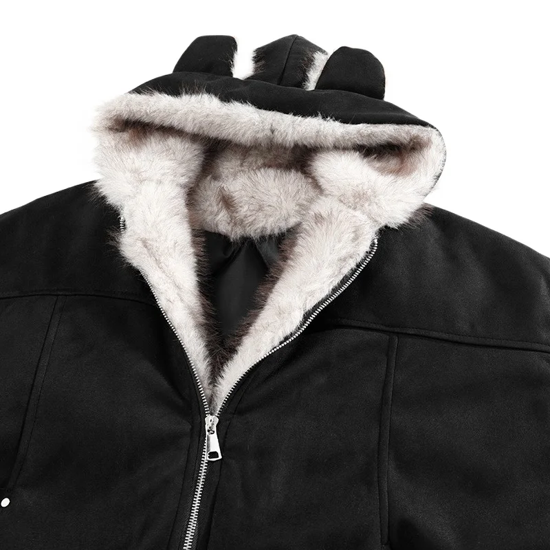 الأمريكية الرجعية المتخصصة تصميم بسيط الخريف والشتاء مقنعين القط الأذن زوجين القطن وسادة مبطنة للجنسين هود يحافظ على معطف دافئ #4