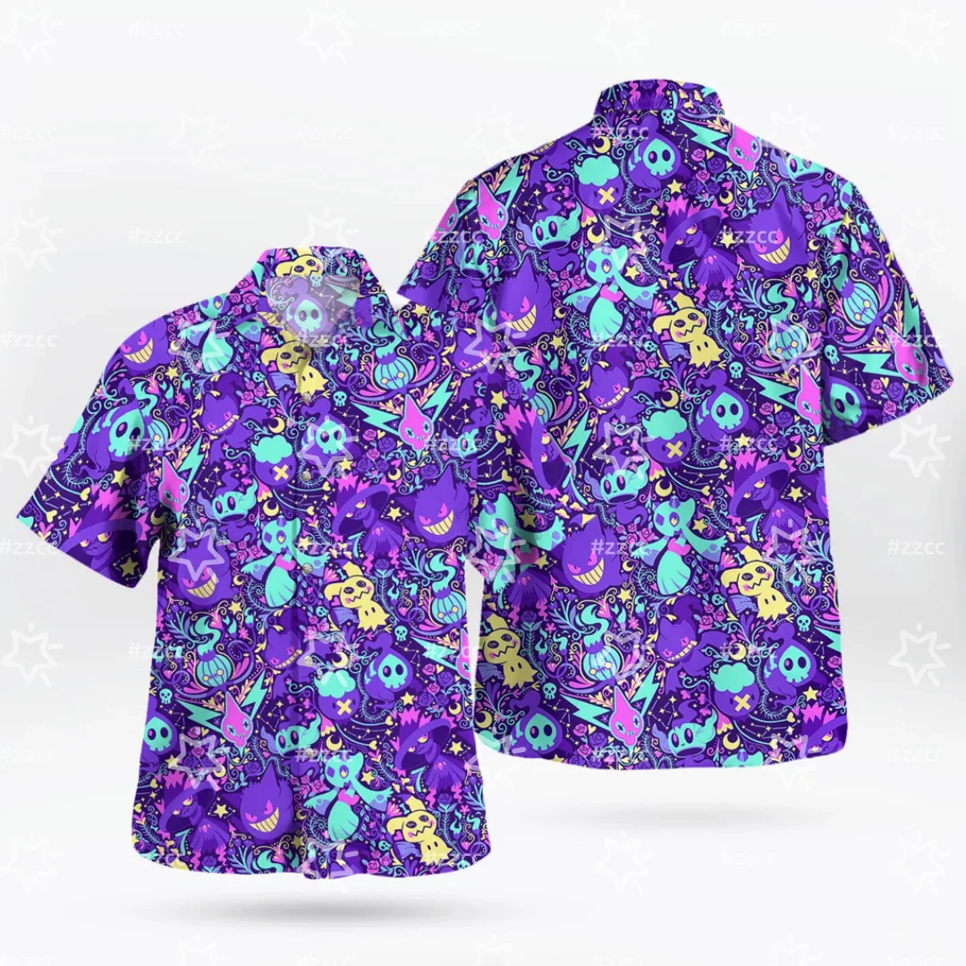 Summer Men's Short Sleeved Purple Toned Ghost Print Breathable Sweat Wicking Beach Vacation Casual Shirt