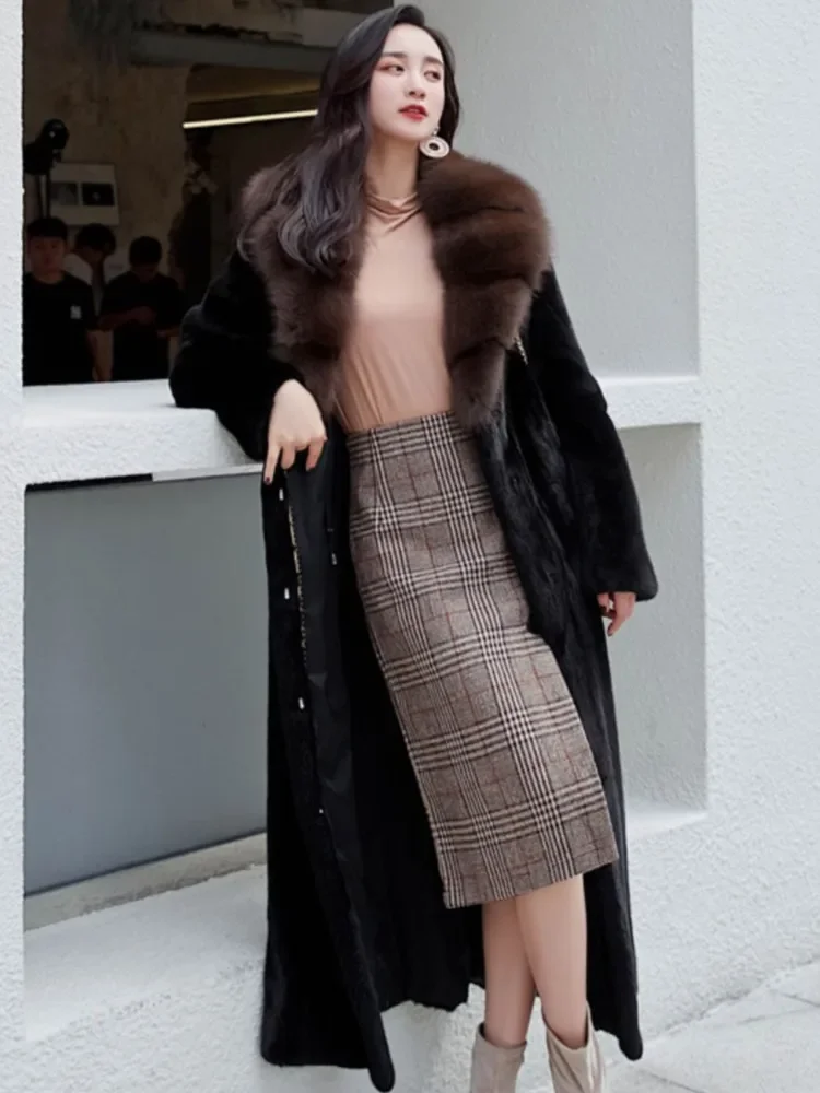المرأة أنيقة فو الفراء طوق معاطف طويلة الكورية خمر الأسود لينة الفراء معاطف دافئة شتاء موضة جديدة فو الفراء معاطف