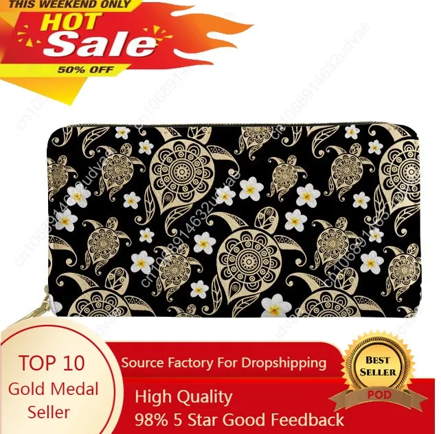 

French Polynesia Plumeria Floral Turtle Pattern Long Wallets Zipper Phone Bag Card Holder Ladies Clutch Purse Carteira Notecase