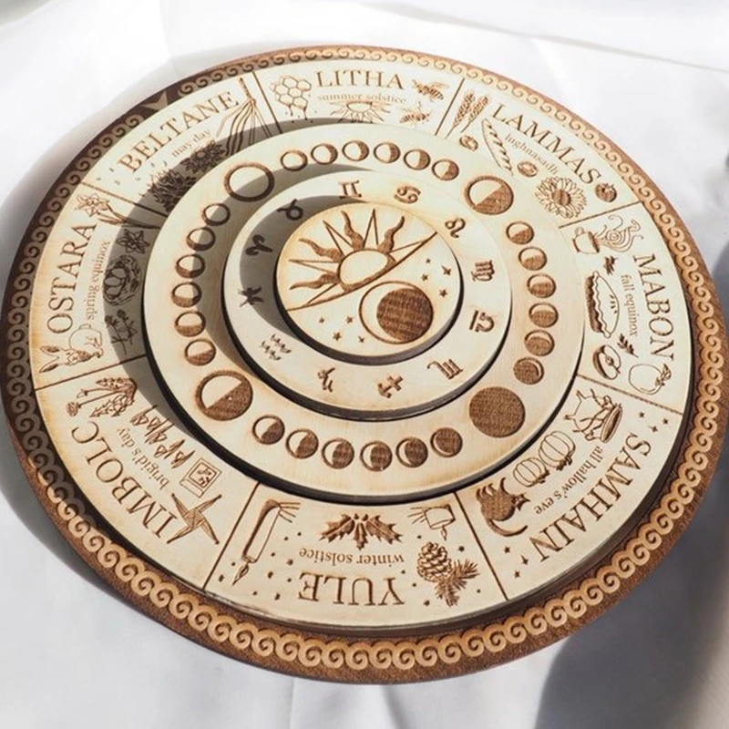 Unique Wheel of the Year Calendar Engraved Board Wooden Round Wooden Ritual Plate Festival Witchcraft Wiccan Dropshipping