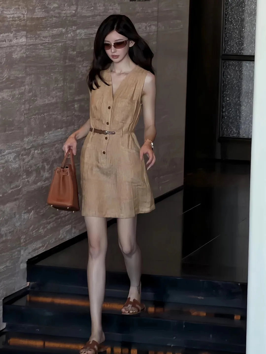 

Slimming Effect V-neck Sleeveless Waist-cinching Summer New Style Women's Dress Exjr2026 Casual A-line Short Skirt