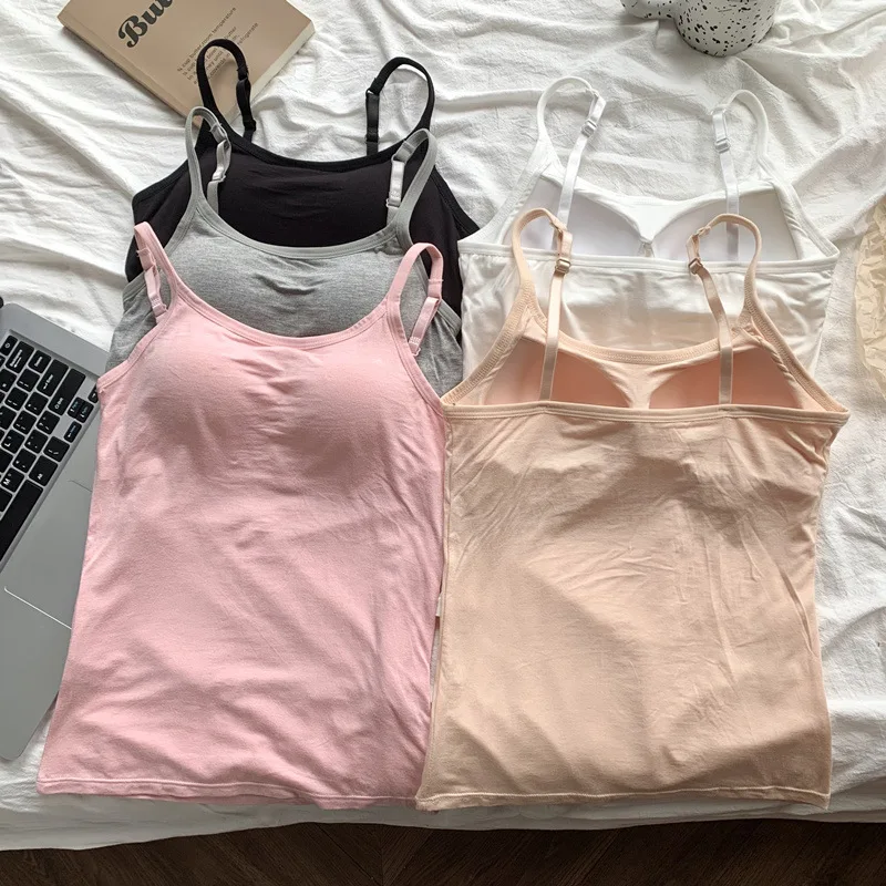 2020 Women Solid Tank Tops Adjustable Strap Built In Cup Padded Wireless Camisole Camis Vest Female Home Basic Tank Top